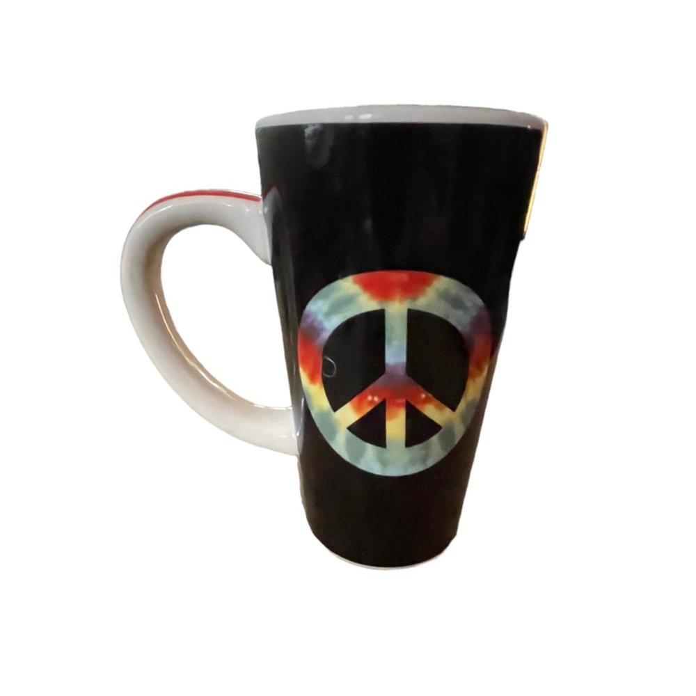 Tumbleweed Pottery Tie Dye Peace Sign Coffee Mug with "Peace" on the Handle